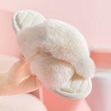 Load image into Gallery viewer, Ladies' Open Toe Fuzzy Plush Criss Cross Fur Slippers with Quilted Soles