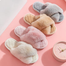 Load image into Gallery viewer, Ladies' Open Toe Fuzzy Plush Criss Cross Fur Slippers with Quilted Soles