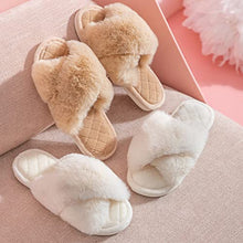 Load image into Gallery viewer, Ladies' Open Toe Fuzzy Plush Criss Cross Fur Slippers with Quilted Soles