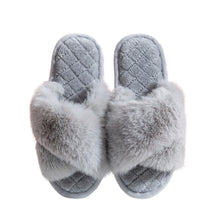 Load image into Gallery viewer, Ladies' Open Toe Fuzzy Plush Criss Cross Fur Slippers with Quilted Soles