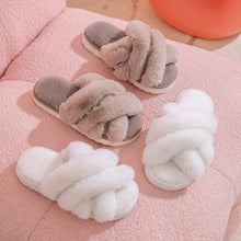 Load image into Gallery viewer, Women's Cross Band Faux Fur Indoor House Slippers