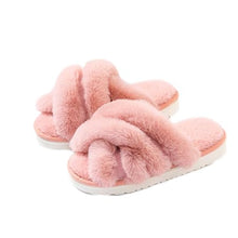 Load image into Gallery viewer, Women's Cross Band Faux Fur Indoor House Slippers
