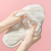 Load image into Gallery viewer, Ladies' Open Toe Fuzzy Plush Criss Cross Fur Slippers with Quilted Soles
