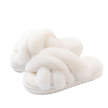 Load image into Gallery viewer, Women's Cross Band Faux Fur Indoor House Slippers

