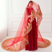 Load image into Gallery viewer, Long Cathedral Length Red Sheer Tulle Bridal Wedding Veils with Gold Applique Lace Edge H65
