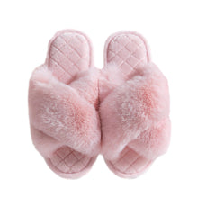 Load image into Gallery viewer, Ladies' Open Toe Fuzzy Plush Criss Cross Fur Slippers with Quilted Soles
