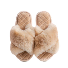 Load image into Gallery viewer, Ladies' Open Toe Fuzzy Plush Criss Cross Fur Slippers with Quilted Soles
