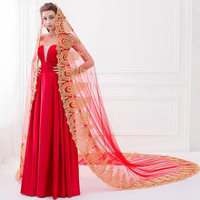 Load image into Gallery viewer, Long Cathedral Length Red Sheer Tulle Bridal Wedding Veils with Gold Applique Lace Edge H65
