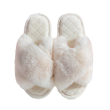 Load image into Gallery viewer, Ladies' Open Toe Fuzzy Plush Criss Cross Fur Slippers with Quilted Soles
