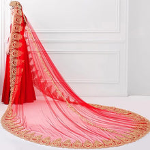 Load image into Gallery viewer, Long Cathedral Length Red Sheer Tulle Bridal Wedding Veils with Gold Applique Lace Edge H65
