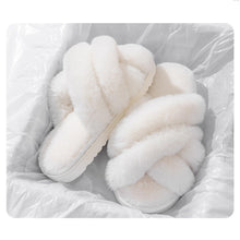 Load image into Gallery viewer, Women's Cross Band Faux Fur Indoor House Slippers
