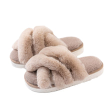 Load image into Gallery viewer, Women's Cross Band Faux Fur Indoor House Slippers

