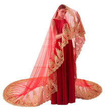 Load image into Gallery viewer, Long Cathedral Length Red Sheer Tulle Bridal Wedding Veils with Gold Applique Lace Edge H65
